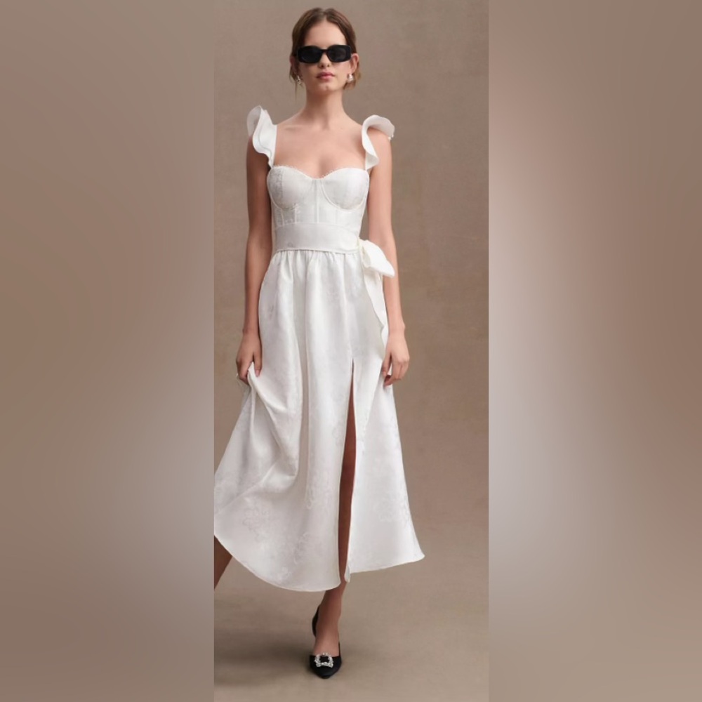 NWT! V. Chapman Vera Satin Ruffled-Sleeve Bustier Midi Dress